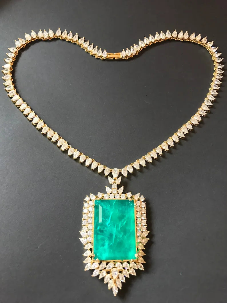 Fabulous Natural Colombian Emerald Muzo Charm Necklace in 18K Yellow Gold Overlay, with Amazing Neon Color and Glow, Designer Masterpiece