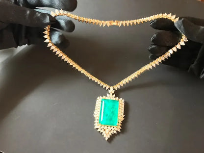 Glowing Natural Neon Colombian Emerald Charm Necklace Collar Jewelry 100+ Carats Brand Princess, 18K Gold Overlay