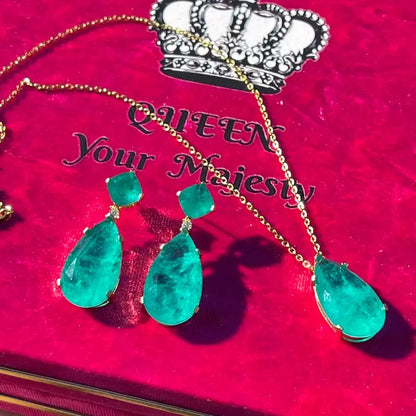 Glowing Natural Neon Colombian Emerald Dangle Drop Earrings & Necklace Jewelry Set Angelina Jolie Inspired Hollywood 18K Yellow Gold Vermeil