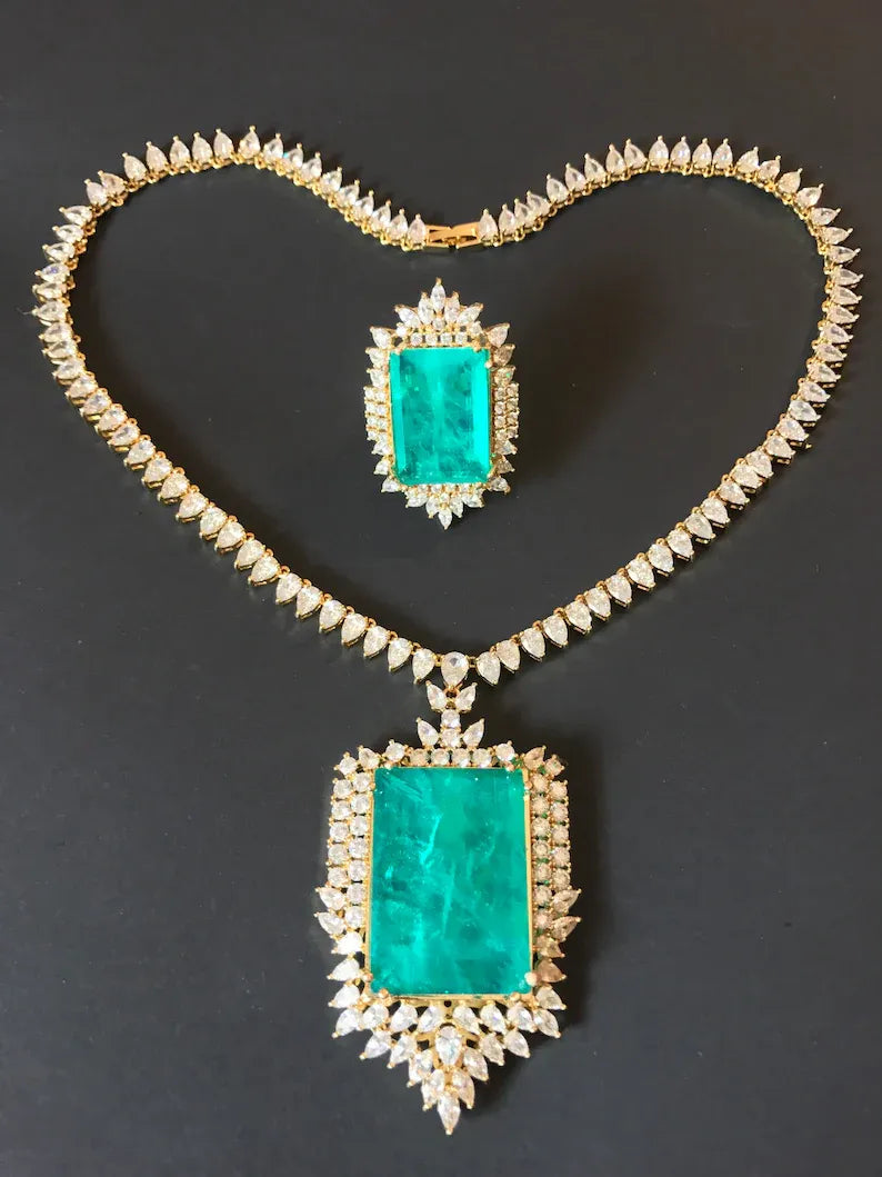 Glowing Natural Neon Colombian Emerald Charm Necklace Collar Jewelry 100+ Carats Brand Princess, 18K Gold Overlay