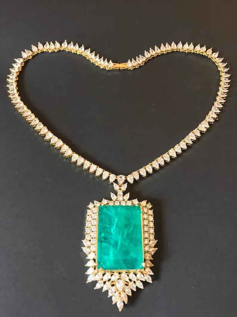 Glowing Natural Neon Colombian Emerald Charm Necklace Collar Jewelry 100+ Carats Brand Princess, 18K Gold Overlay