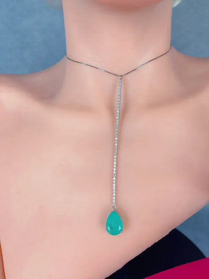 Majesty Natural Glowing Neon Green Colombian Emerald Drop Necklace, Emerald and Diamond Lariat Y Necklace, luxury Stunning Necklace, 925 SS