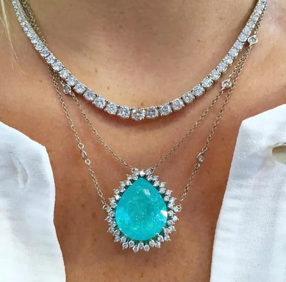 Glowing Icy Blue Natural Paraiba Tourmaline Necklace with Double Chain, Caribbean Vivid Blue, Exotic Neon Gemstone, with Austrian Crystals