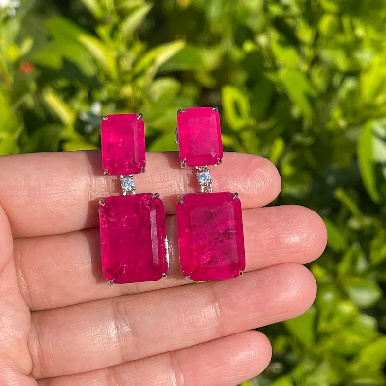 Mesmerizing Glowing Natural Mozambique Fuchsia Pink Ruby Dangle and Drop Earrings, Ruby July Birthstone, Beautiful Gift