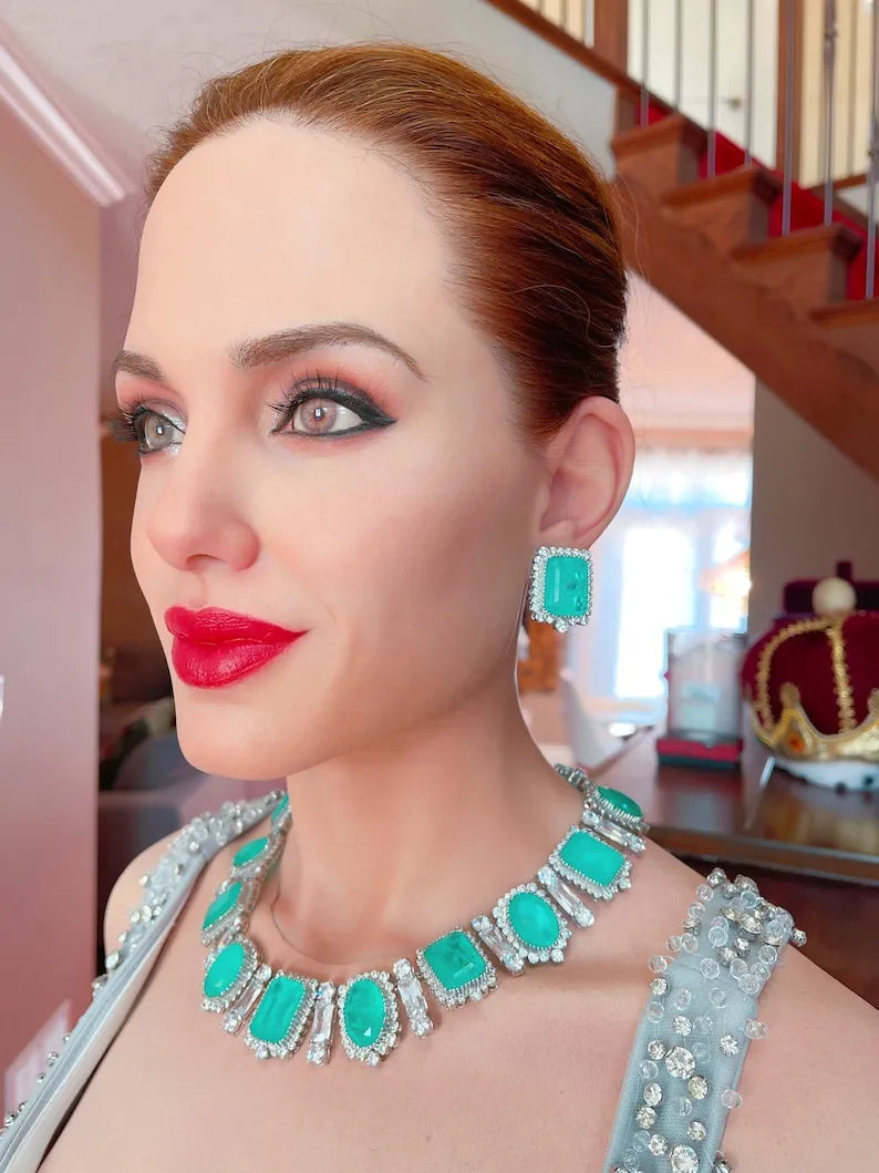 Angelina Jolie Inspired, Designed for a Queen, Imperial Elegance, Natural Colombian Emerald Charm Necklace, Earrings, Ring, Full Jewelry Set