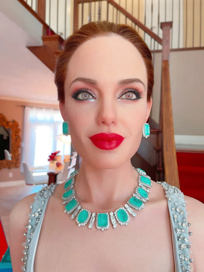 Angelina Jolie Inspired, Designed for a Queen, Imperial Elegance, Natural Colombian Emerald Charm Necklace, Earrings, Ring, Full Jewelry Set