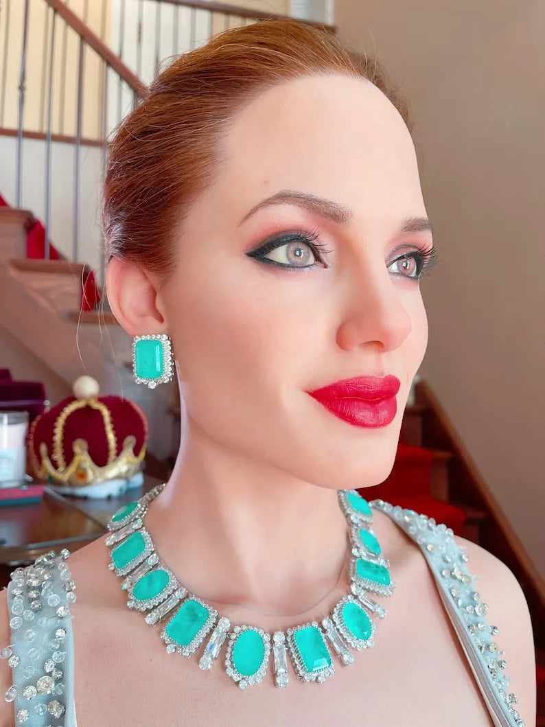 Angelina Jolie Inspired, Designed for a Queen, Imperial Elegance, Natural Colombian Emerald Charm Necklace, Earrings, Ring, Full Jewelry Set