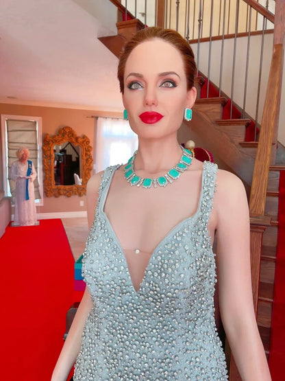 Angelina Jolie Inspired, Designed for a Queen, Imperial Elegance, Natural Colombian Emerald Charm Necklace, Earrings, Ring, Full Jewelry Set