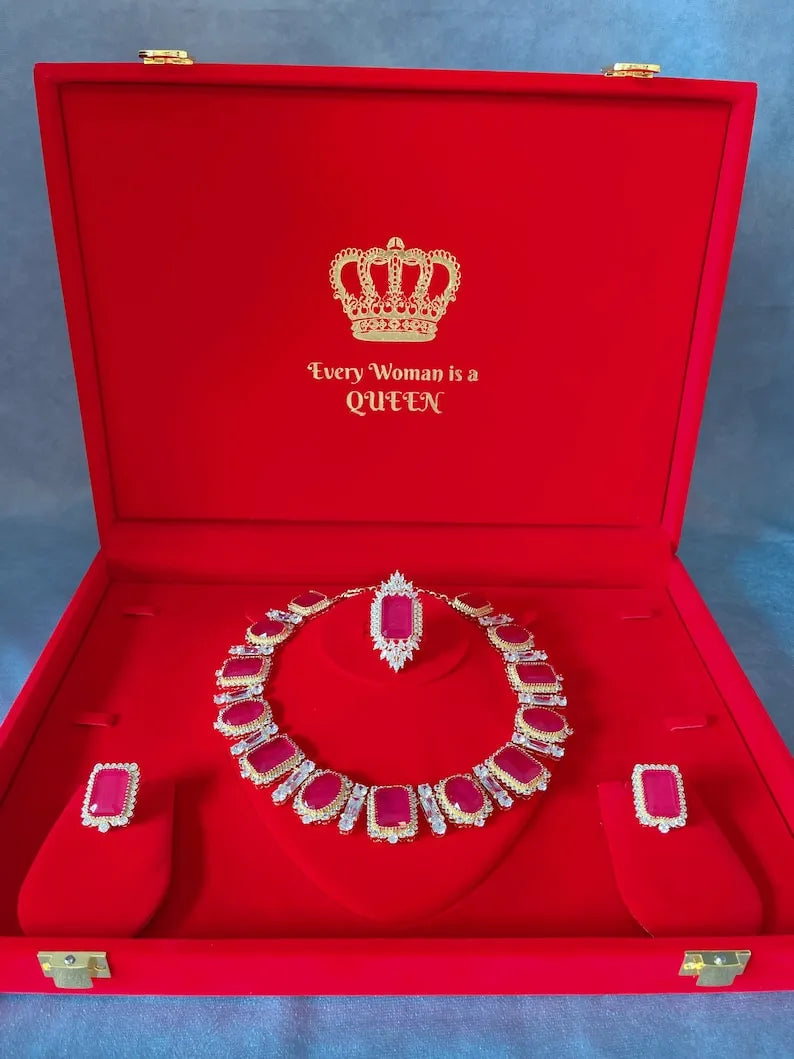 Royal Queen Inspired, Natural Fuchsia Pink Ruby Necklace Earrings Ring Full Jewelry Set, Crafted in Gold or Silver. Luxury Gifts for her.