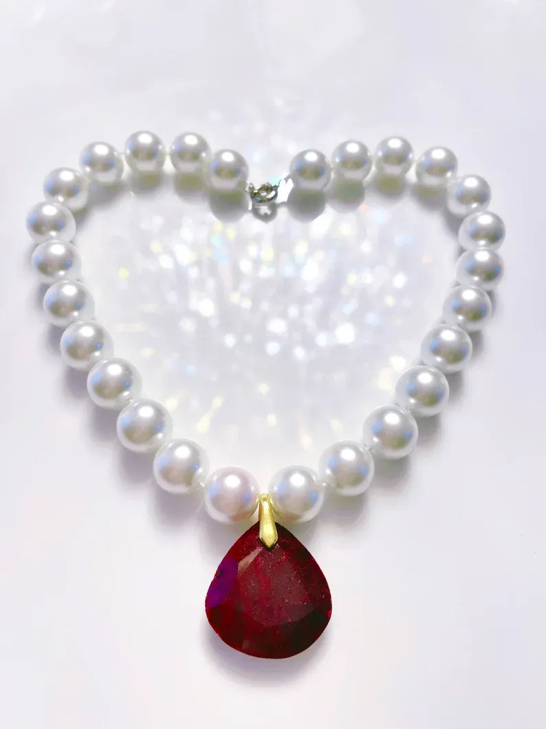 100% Genuine Freshwater Pearls and Madagascar Heart Ruby, Magnificent Charm Necklace, Large Beautiful Designer Masterpiece, Limited Edition