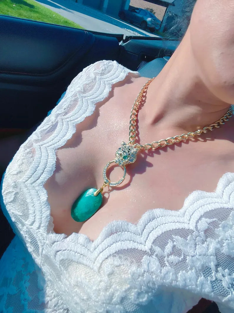 Spectacular Huge Natural Emerald Leopard Charm Y Lariat Necklace with Emerald Eyes Pendant Cuban Link Chain Gorgeous Charm Necklace Gift