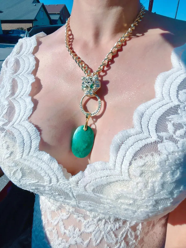 Spectacular Huge Natural Emerald Leopard Charm Y Lariat Necklace with Emerald Eyes Pendant Cuban Link Chain Gorgeous Charm Necklace Gift