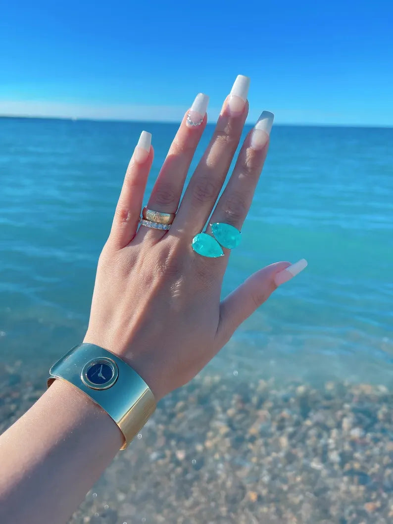 Majestic Ocean Blue Natural Paraiba Tourmaline Double Pear Ring, Amazing Neon Color Glow, Multi Gemstone Cocktail Ring, Large Statement Ring