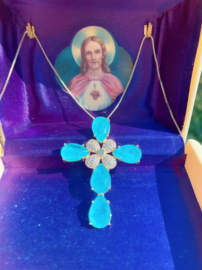 Mesmerizing Ocean Blue, Paraiba Tourmaline Cross Necklace, Luxury Cross Pendant, Large Cross Statement Necklace, Gifts for Her, Mothers Day