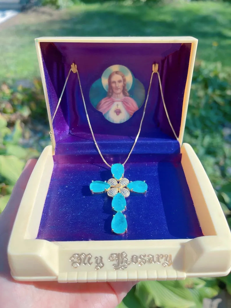 Mesmerizing Ocean Blue, Paraiba Tourmaline Cross Necklace, Luxury Cross Pendant, Large Cross Statement Necklace, Gifts for Her, Mothers Day