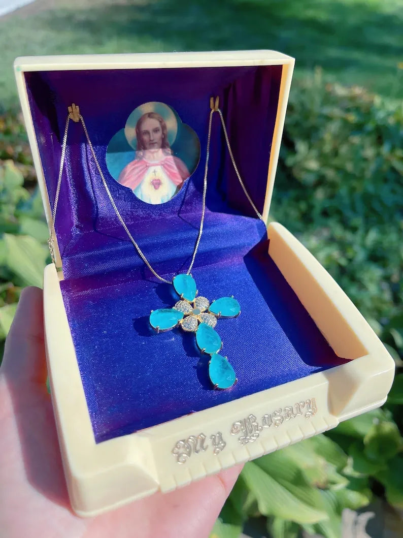 Mesmerizing Ocean Blue, Paraiba Tourmaline Cross Necklace, Luxury Cross Pendant, Large Cross Statement Necklace, Gifts for Her, Mothers Day