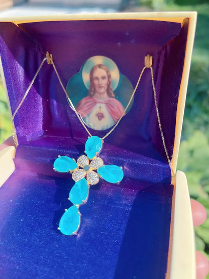 Mesmerizing Ocean Blue, Paraiba Tourmaline Cross Necklace, Luxury Cross Pendant, Large Cross Statement Necklace, Gifts for Her, Mothers Day