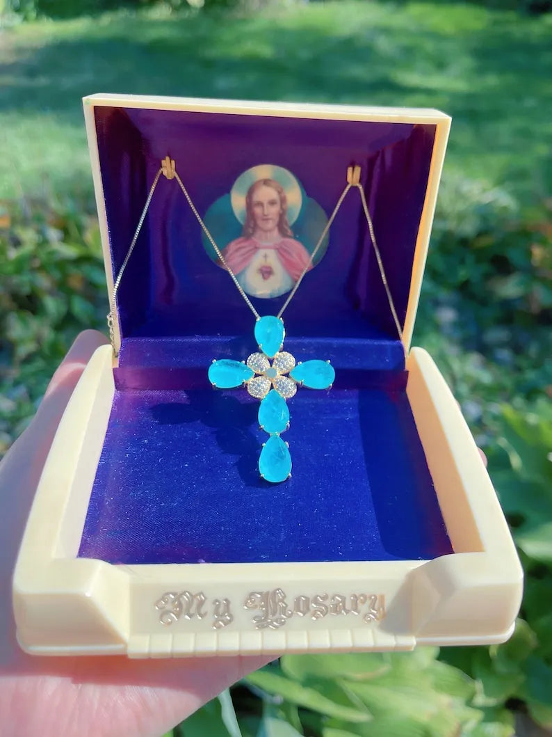 Mesmerizing Ocean Blue, Paraiba Tourmaline Cross Necklace, Luxury Cross Pendant, Large Cross Statement Necklace, Gifts for Her, Mothers Day