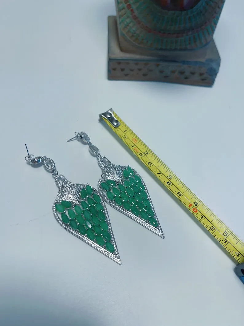 Queen Nefertiti Style Huge Natural Emerald Earrings MasterPiece of Art and Elegance 4 Inch Long, Gift for Her, Emerald Dangle Drop Earrings