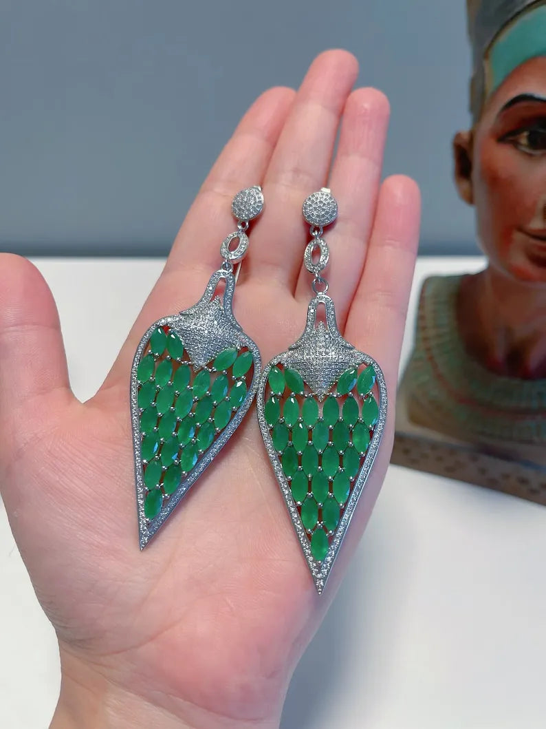 Queen Nefertiti Style Huge Natural Emerald Earrings MasterPiece of Art and Elegance 4 Inch Long, Gift for Her, Emerald Dangle Drop Earrings