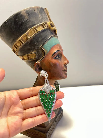 Queen Nefertiti Style Huge Natural Emerald Earrings MasterPiece of Art and Elegance 4 Inch Long, Gift for Her, Emerald Dangle Drop Earrings