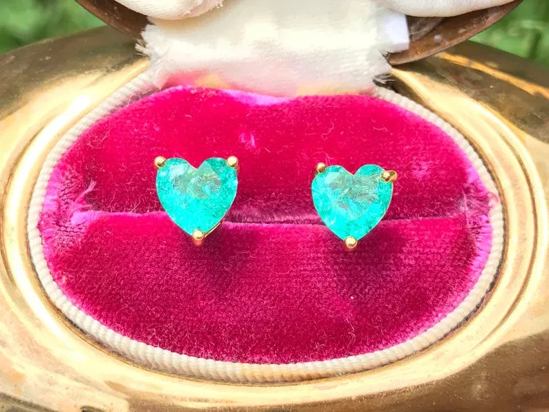 Little Dainty Neon Green Emerald stud earrings, small heart shaped design, butterfly back, Tiny Emerald Studs, perfect gift for her Gift Box