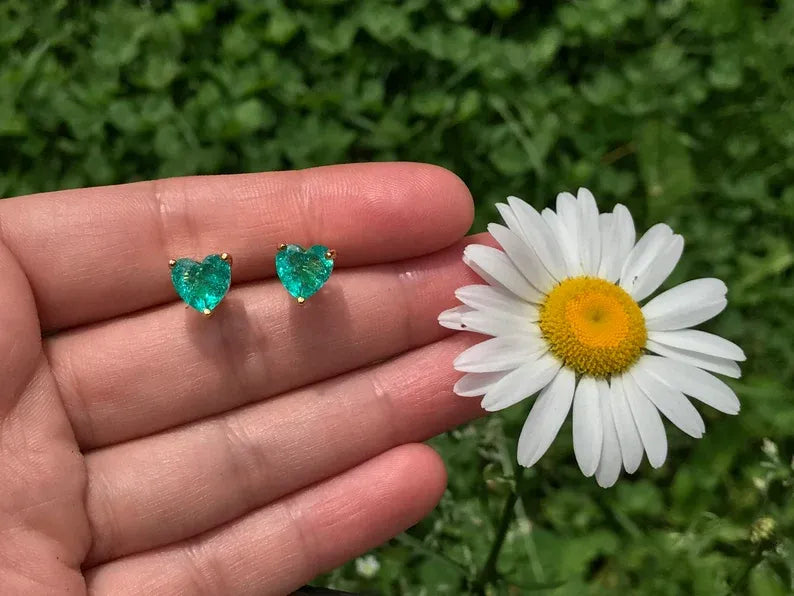 Little Dainty Neon Green Emerald stud earrings, small heart shaped design, butterfly back, Tiny Emerald Studs, perfect gift for her Gift Box