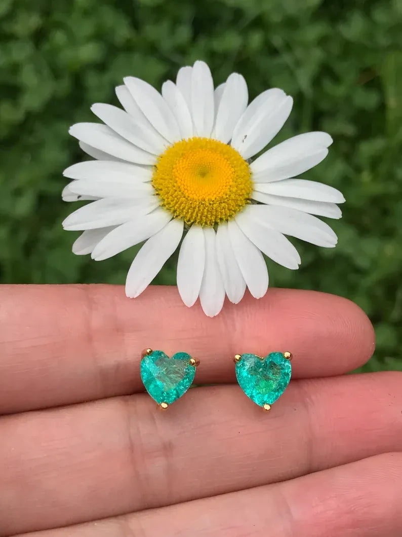 Little Dainty Neon Green Emerald stud earrings, small heart shaped design, butterfly back, Tiny Emerald Studs, perfect gift for her Gift Box