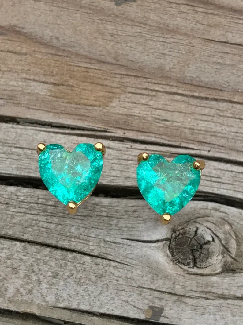 Little Dainty Neon Green Emerald stud earrings, small heart shaped design, butterfly back, Tiny Emerald Studs, perfect gift for her Gift Box