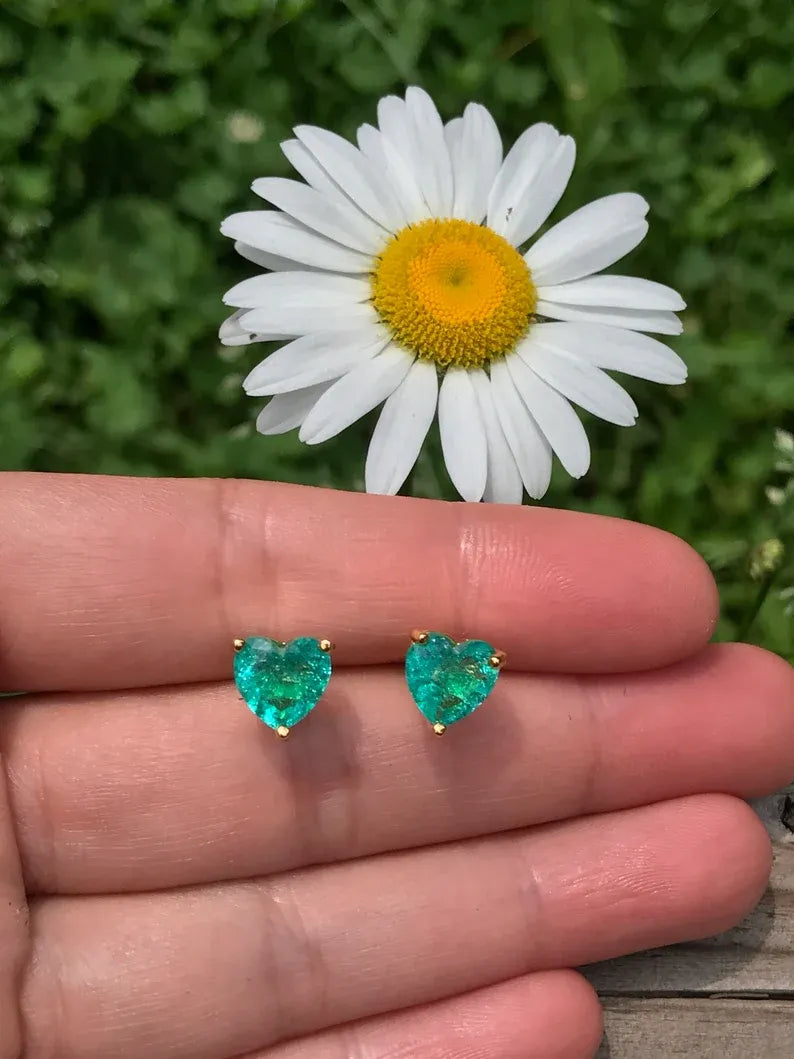 Little Dainty Neon Green Emerald stud earrings, small heart shaped design, butterfly back, Tiny Emerald Studs, perfect gift for her Gift Box