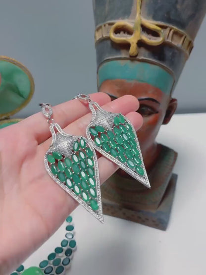 Queen Nefertiti Style Huge Natural Emerald Earrings MasterPiece of Art and Elegance 4 Inch Long, Gift for Her, Emerald Dangle Drop Earrings