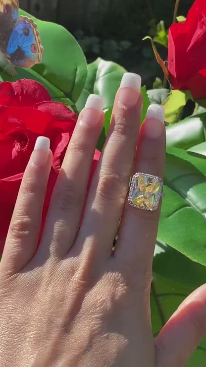 Star Of Hollywood Fancy Canary Yellow Diamond Ring, Israel Sona Diamond, Large 10Ct Yellow Diamond, 925 Sterling Silver, Halo Diamond Ring