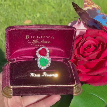 Mesmerizing Fabulous Magnificent Mother & Daughter, Double Heart, Ruby and Emerald Ring, July and May Birthstones, Luxury Gift for Her